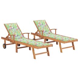 Sun Loungers 2 pcs with Leaf Pattern Cushion Solid Teak Wood