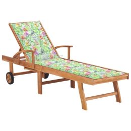 Sun Lounger with Leaf Pattern Cushion Solid Teak Wood