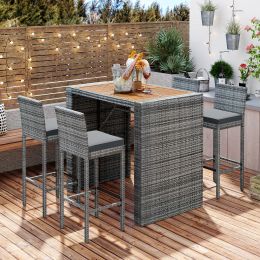 5-pieces Outdoor Patio Wicker Bar Set, Bar Height Chairs With Non-Slip Feet And Fixed Rope, Removable Cushion, Acacia Wood Table Top