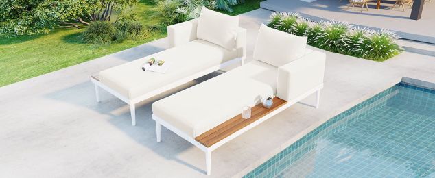 TOPMAX Modern Outdoor Daybed Patio Metal Daybed with Wood Topped Side Spaces for Drinks, 2 in 1 Padded Chaise Lounges for Poolside, Balcony, Deck