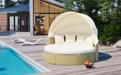 TOPMAX Patio Furniture Round Outdoor Sectional Sofa Set Rattan Daybed Two-Tone Weave Sunbed with Retractable Canopy