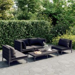 5 Piece Patio Lounge Set with Cushions Poly Rattan Dark Gray