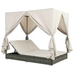 Outdoor Lounge Bed with Curtains Poly Rattan Gray