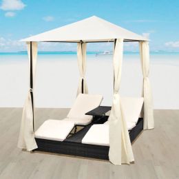 Double Sun Lounger with Curtains Poly Rattan Black