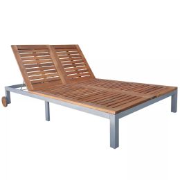 Double Sun Lounger with Wheels Solid Acacia Wood