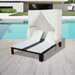 Double Sun Lounger with Curtain Poly Rattan Brown