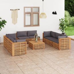 9 Piece Patio Lounge Set with Dark Gray Cushion Solid Teak Wood