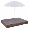 Patio Lounge Bed with Umbrella Poly Rattan Brown