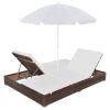 Patio Lounge Bed with Umbrella Poly Rattan Brown