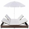 Patio Lounge Bed with Umbrella Poly Rattan Brown