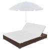 Patio Lounge Bed with Umbrella Poly Rattan Brown