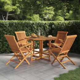 5 Piece Folding Patio Dining Set Solid Wood Teak (Color: Brown)