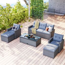 6-piece All-Weather Wicker PE rattan Patio Outdoor Dining Conversation Sectional Set with coffee table, wicker sofas, ottomans (Color: gray)