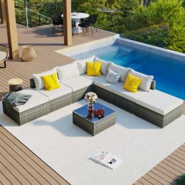 8-Pieces Outdoor Patio Furniture Sets, Garden Conversation Wicker Sofa Set, Single Sofa Combinable, Beige Cushions Gray Wicker (Color: Beige)