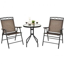 Garden Furniture Outdoor Patio Bistro 3 Pieces Set of Round Table and Folding Chairs (Color: Shown in the pic)