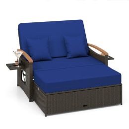 Outdoor Wicker Daybed with Folding Panels and Storage Ottoman (Color: Navy)