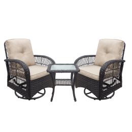 360-Degree Patio Wicker Swivel Rocker Chairs Set;  Outdoor Rattan Rocking Bistro Sets with Cushions and Table; Dark Brown (Color: Brown)