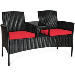 Wicker Patio Conversation Furniture Set with Removable Cushions and Table (Color: Red)