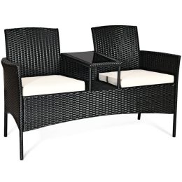 Wicker Patio Conversation Furniture Set with Removable Cushions and Table (Color: White)