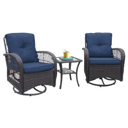 360-Degree Patio Wicker Swivel Rocker Chairs Set;  Outdoor Rattan Rocking Bistro Sets with Cushions and Table; Dark Brown (Color: Navy Blue)