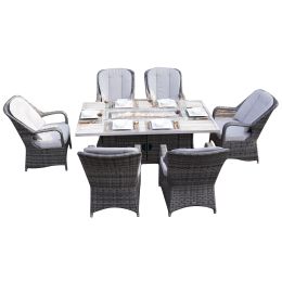 Direct Wicker Patio Fire Pit Dining Set 6-Seat Rectangular Aluminum Table with Rattan Chairs (Color: gray)